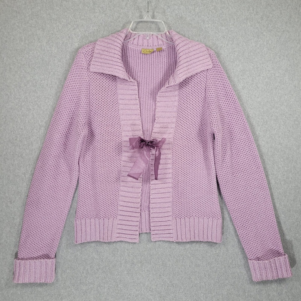 Caslon Cardigan Womens Large Purple Cotton Blend Tie Front Long Sleeve Knit